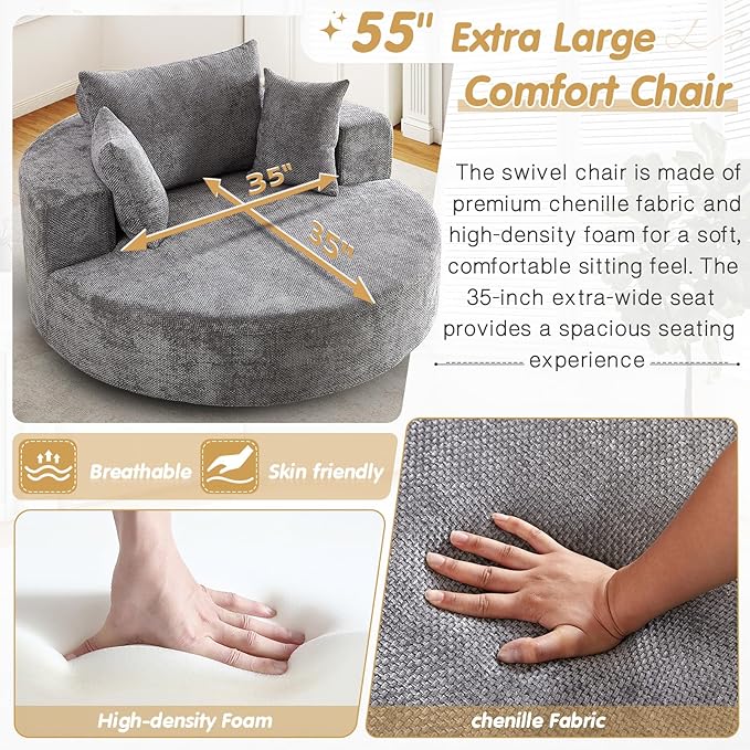 55 W Oversized Round Swivel Accent Barrel Chair360 Degree Chenille Upholstered Comfy Chaise Lounge Chair IndoorModern Deep Seat Single Sofa Armchair for Living RoomBedroomOffice(Grey)