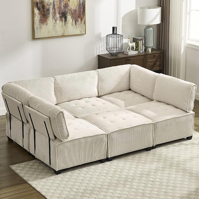 121 U Shaped Modular Sectional Sofa Couch 6 Seat Convertible Upholstered Deep Seat Sleeper Sofa with Chaise Lounge Cloud Couch for Living Room Beige White