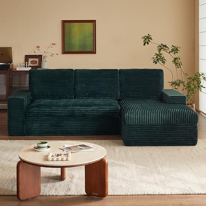 115 Modular Sectional Couch with Chaise Cloud Couch Deep Seat Fluffy Corduroy Sofa Memory Foam Boneless Couches for Living Room Bedroom No Assembly Required (Green 115 Right Chaise)
