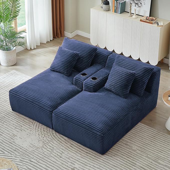 Double Chaise Lounge Sofa Boneless Cloud Couch Bed with Cup Holders and Side Pockets Comfy Deep Seat Sleeper Sectional Loveseat Chair for Living Room (Blue 2 Seat)