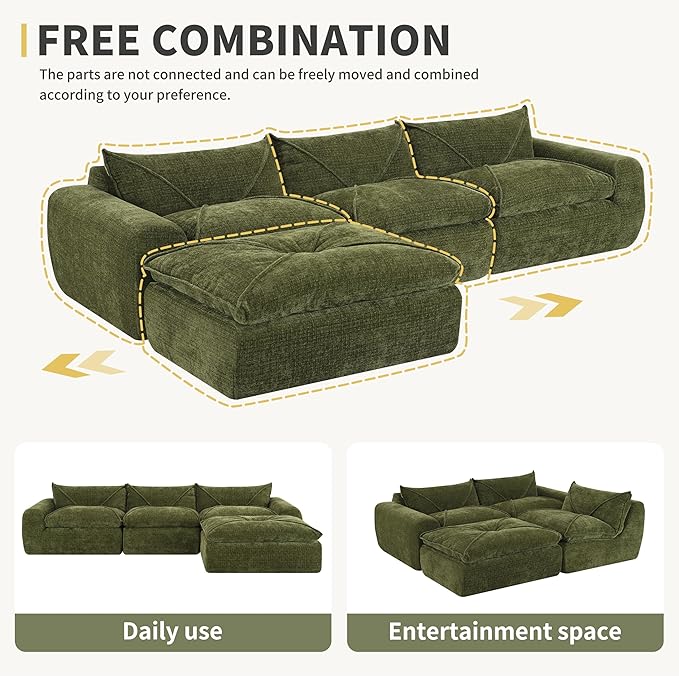 116'' Oversized Modular Sofa Fully Compressed 4 Seat Spacious Foam-Filled Sofa Bed for Living Room Free Combination Friendly Design L-Shaped Comfy Couches No Assembly Required (Green-QJ88)