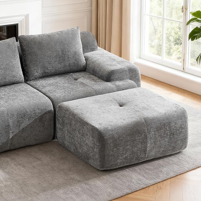 Large Ottoman 37 Inch Rectangle Footrest for Couch with Memory Foam and Chenille Upholstered Plush Floor Seating and Coffee Table for Living Room No Assembly Required Grey