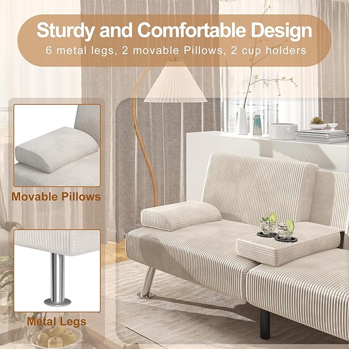 Shahoo Modern Upholstered Convertible Folding Futon Sofa Bed with Removable Armrests Metal Legs 2 Cup Holders for Living Room Beige