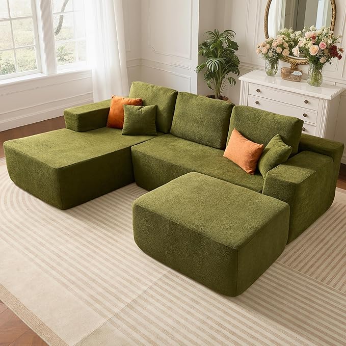 104 L-Shape Modular Sectional Sofa CouchComfy Upholstered Cloud Couch for Living RoomModern Minimalist CouchesDeep SeatNo Assembly Required (GreenCloud Velvet Left Facing Chaise w/Ottoman)