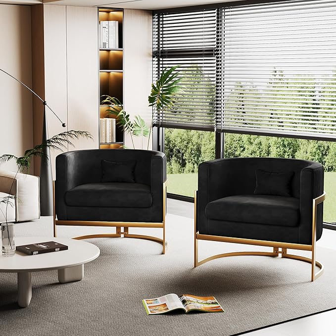 Alunaune Upholstered Velvet Accent Chair Barrel Chair Modern Armchair Living Room Lounge Chairs Sofa Tub Bucket Club Chairs for Bedroom-Black