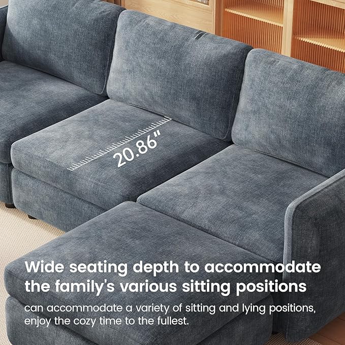 Guyii L Shaped Modern Sofa for 4 People Modular Sectional Couch with Storage Ottoman 4 Seater Sofa for Living Room Bedroom Apartment Office Easy Assemble Blue