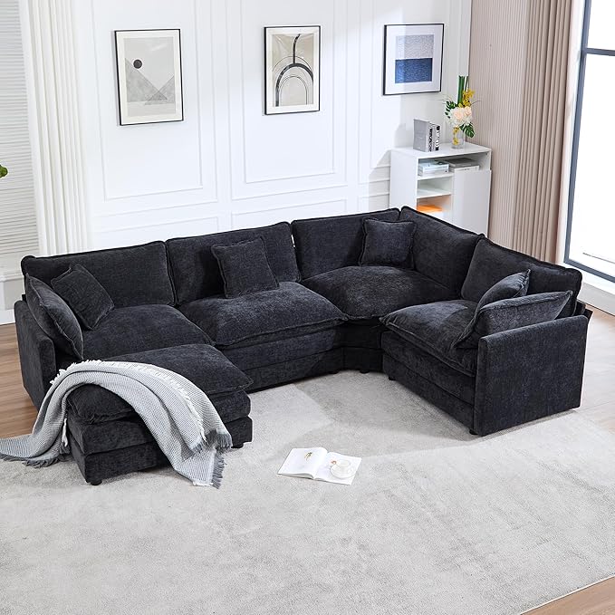 113.4 Deep Seat Sectional Cloud Sofa with an Ottoman Oversized U Shaped Modular Couch Large 5 Seater Corner Couches for Living Room Black Chenille