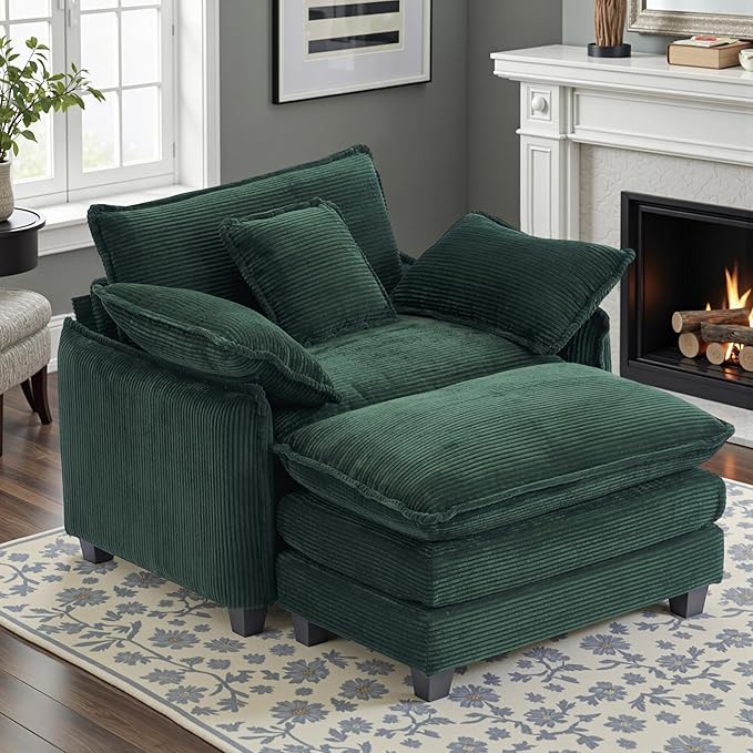 46 W Oversized Chair with Ottoman - Comfy Accent Chair and Ottoman Set Single Corduroy Large Armchair with Extra Thick and Deep Seat Modern Cloud Chaise Lounge for Living Room(Green)