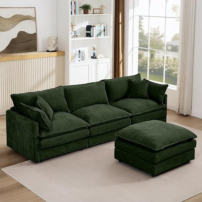 Green Sectional Modular Sofa Cloud Couch 105 Modern Convertible L-Shape Sofa Deep 3-Seater Soft Chenille Comfy Upholstered with Removeable Ottoman Set and Removable Cushions for Living Room