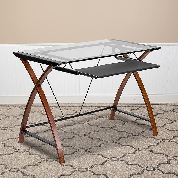 Flash Furniture Jude Tempered Glass Computer Desk with Pull-Out Keyboard Tray and Crisscross Frame Small Computer Desk for Home Office Cherry/Clear