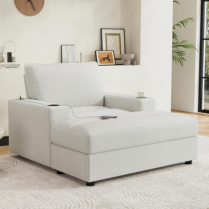 42.8 Oversized Chaise Lounge Chair with Storage Ottoman Corduroy Sofa Bed with Cup Holders &amp USB Charging Port Upholstered Sleeper Chair for Living Room BedroomBeige