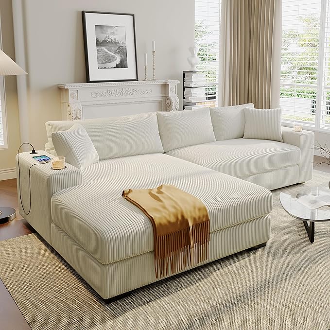 Ball &amp Cast Oversized L-Shaped Sectional Sofa with ChaiseLarge Comfy Upholstered Couch W/Thick CushionBuilt-in Cup Holders &amp Charging PortsWide &amp Thick Armrests &amp Seat Designfor Li