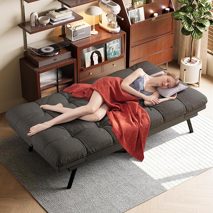 Opoiar Convertible Futon Sofa Bed71 Memory Foam Futon CouchDetachable CushionAdjustable Backrest &amp ArmrestLinen Modern Loveseat Sleeper Recliner for Living RoomOfficeApartmentRetro Grey