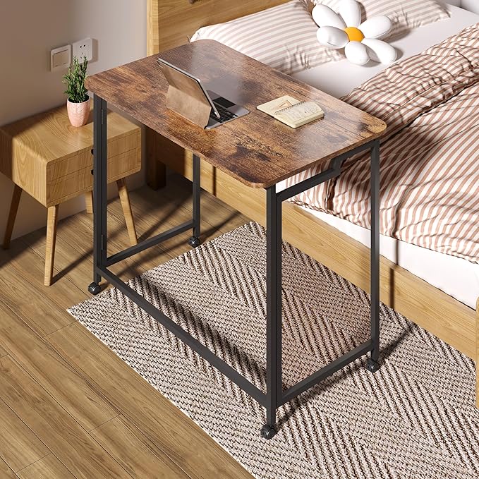 4NM 31.5 Mobile Small Rolling Computer Desk Folding Laptop Cart Table with Wheels Portable Office Desk for Small Space Couch Bed - Rustic Brown and Black