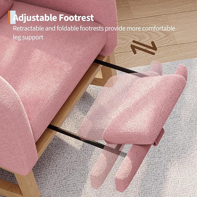 GarveeHome Teddy Fleece Rocking Chair with Footrest Modern Nursery Glider Chair with Side Pockets and Pillow Rocker Chair for Living Room Bedroom Nursing Room Pink