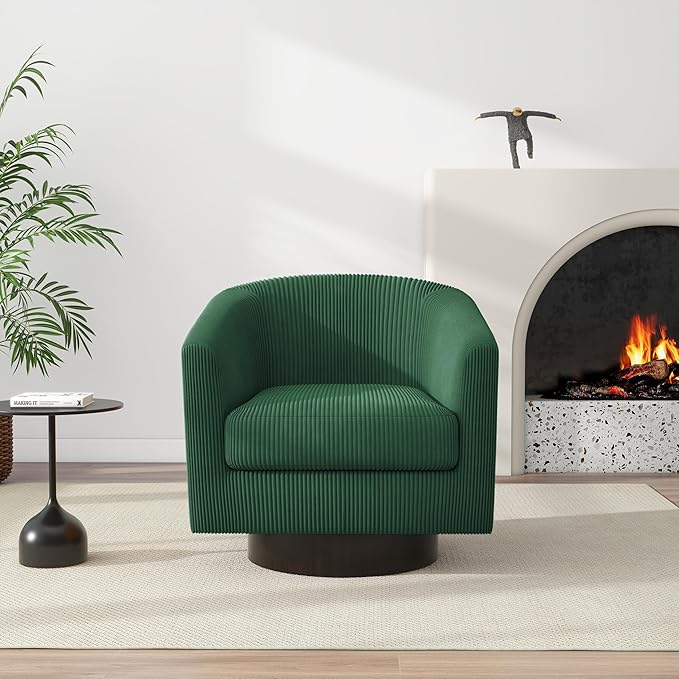 Swivel Barrel Accent Chair Modern Round Corduroy Fabric Arm Chair for Living Room Bedroom Comfy Club Reading Chairs for Adults (Corduroy Dark Green Set of 1)