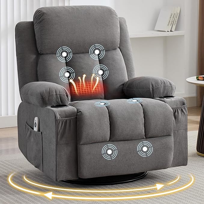 Massage Recliner Chair with Vibration Massage and Lumbar Heating for Living Room Swivel Rocker Recliners Single Sofa with Side Pocket &amp 2 Cup Holders Soft Comfort Ergonomic Design (Grey)