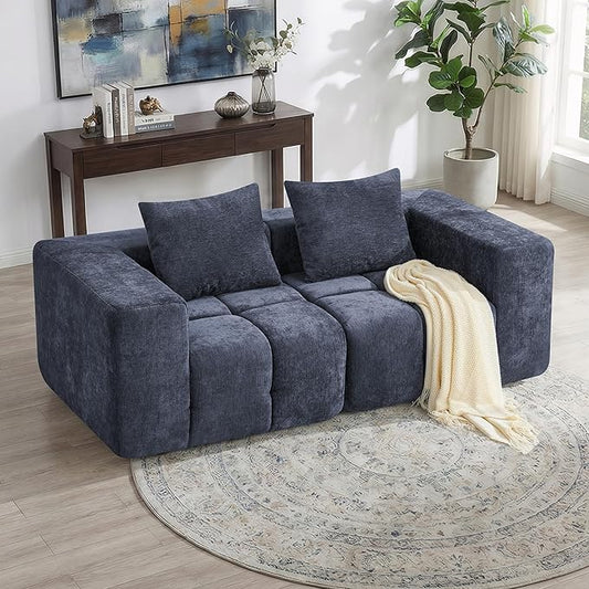 78.7 Boneless Modular Sectional Loveseat Tufted Cloud Couch with Deep Seat Chenille Sofa for Living Room Compressed Sofa No Assembly Required Blue