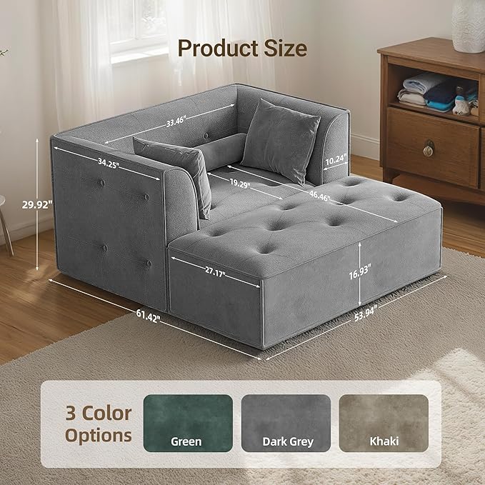 62 Chaise Lounge Chair IndoorDeep Seat Sleeper Sofa Cloud Couch with 3 Soft Pillows and OttomanComfy Cloud Seat for Living Room Apartment Office(Dark Grey Chaise Lounge+Ottoman)