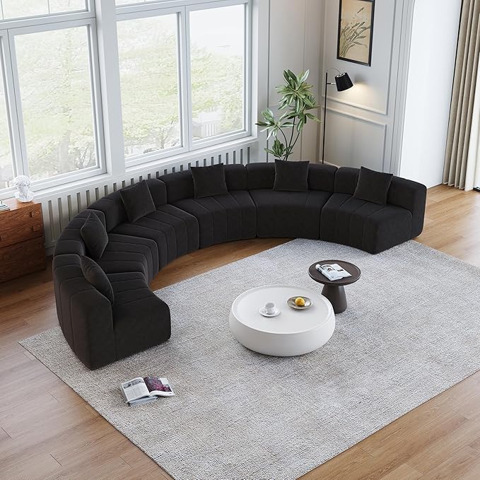 KEIKI Chenille Curved Sectional Sofa 6 Seat Symmetrical Modular Semi Circular Modular Couch Deep Seat Tufted Corner Sofa for Living Room Lobby Black