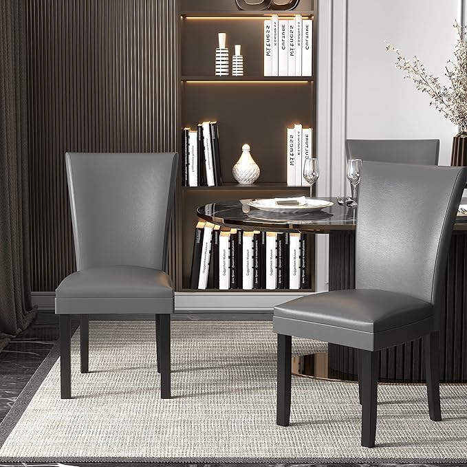 MODERION Set of 2 Dinning Chairs with Solid Wood Leg Upholstered Kitchen Chairs with Leather PU Skin Accent Chairs with High Back Simple Office ChairsHolds 300 LbsEasy Assembly Grey CY1331GY