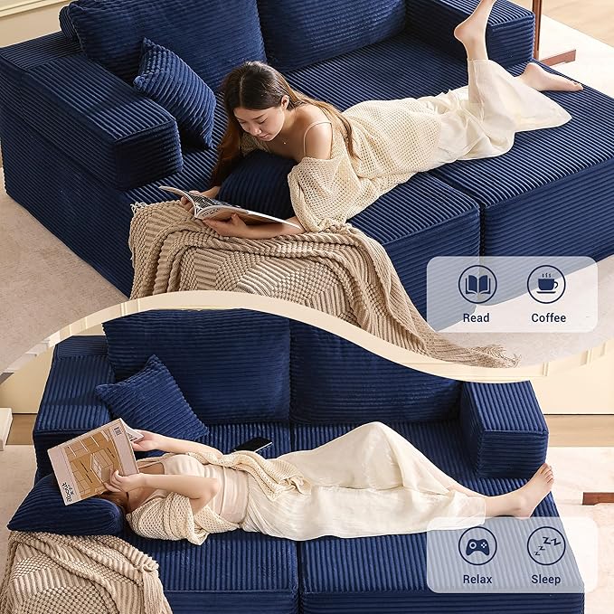 Chaise Lounge Chair Boneless Couch for Living Room and Bedroom Set of Sleeper Couches Reading Chairs Corduroy Blue