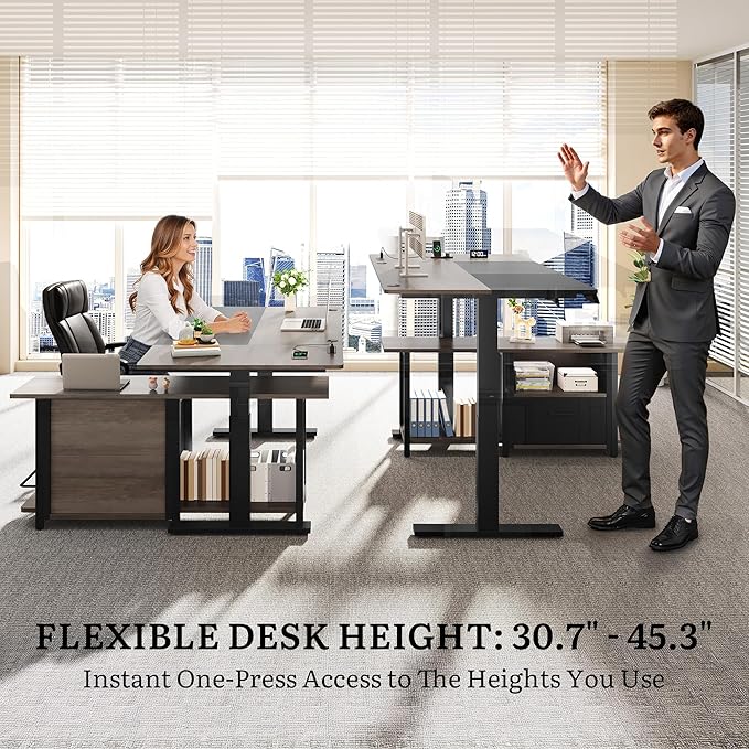 YITAHOME L Shaped Standing Desk with Power Outlets 70.1 Electric Standing Desk Adjustable Height Sit Stand Corner Standing Desks Executive Desk with Drawers &amp Shelves Grey + Black