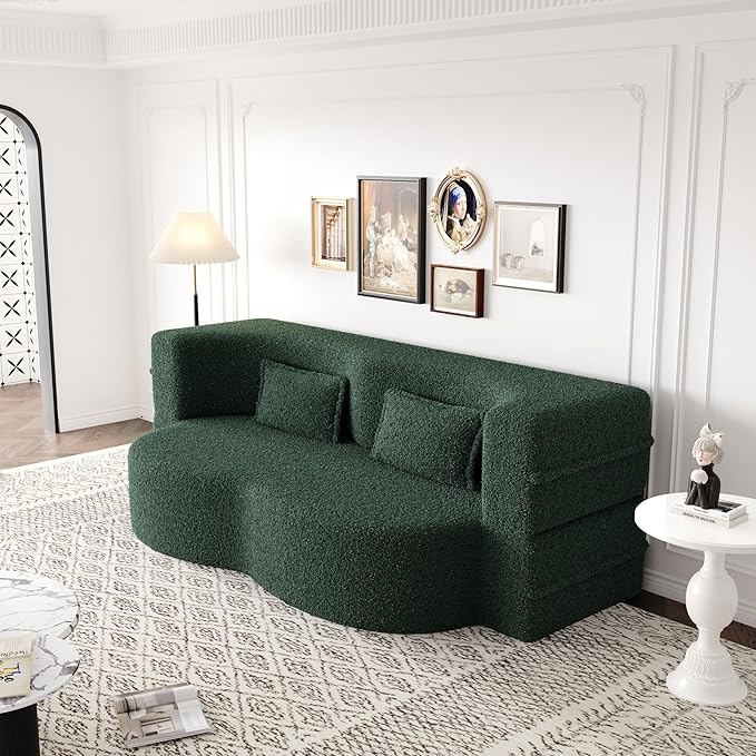 Ball &amp Cast 78 Floor Sofa Bed with 2 PillowsConvertible Teddy Fabric Foam-Filled Sleeper Sofa BedPull Out Couch Full Size Folding Mattress for Living RoomPlayroomNo Assembly RequiredGreen