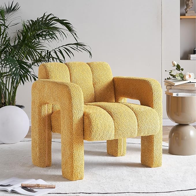 Comfortable Boucle Accent Chair Yellow 31.1 Inch Wide Modern Living Room Bedroom Seating