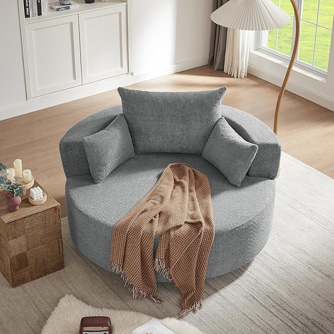 Oversized 55 W Upholstered 360° Swivel Accent Barrel Chair and a Half Modern Comfy Cuddler Sofa Lounge with Pillows for Living Room Bedroom Hotel(Chenille Grey)