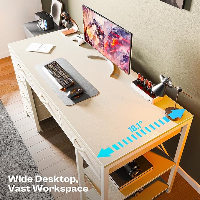 Huuger Computer Desk with 6 Drawers Office Desk with Shelves Reversible Gaming Desk Corner Desk with Storage Work for Home Office Study Living Room 47inch White