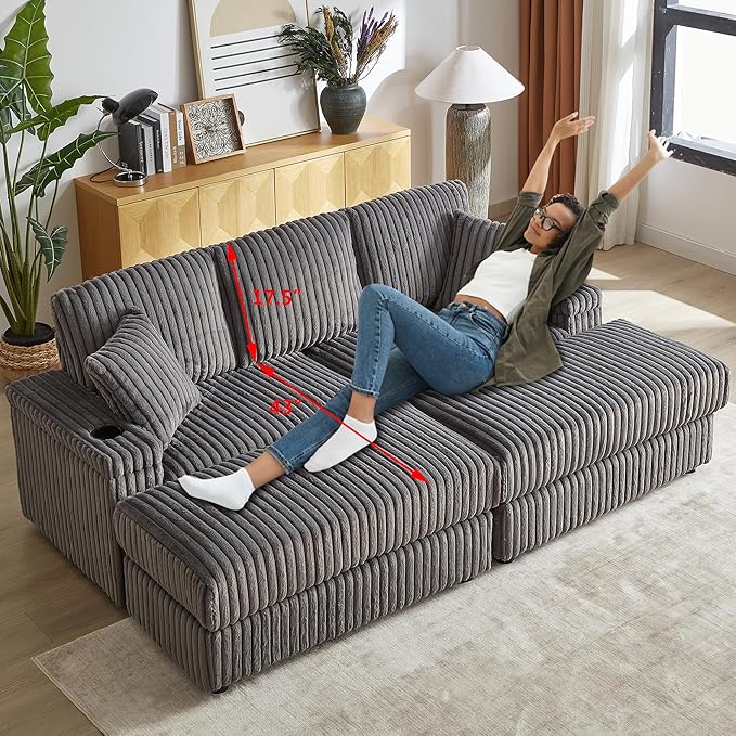 Aoowow 84 Corduroy Oversized 3-Seater Sofa with 2 Ottomans Modular Sectional Deep Seat Sofa with Back and Toss Pillows Modern Comfy Sofa with 2 Storage Spaces and Cup Grooves for Living Room Grey