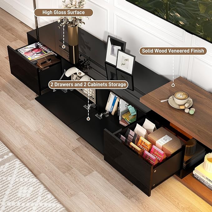 Extendable TV Stand with LED Light Modern Entertainment Center for up to 120 Inch TV Wood TV Media Console with 2 Drawers &amp 2 Cabinets for Living Room Bedroom 75-110 High Gloss Black &amp W
