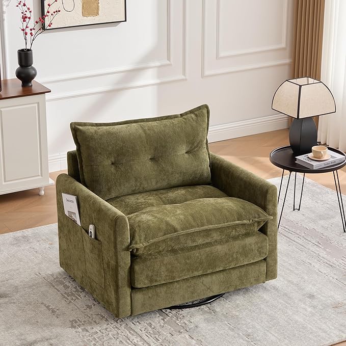 Swivel Accent Chair Modern Chenille Arm Chair Comfy Upholstered Accent Chair with 360 Degree Rotating Metal Base Single Sofa Chairs for Living Room Bedroom Reading Room Olive Green