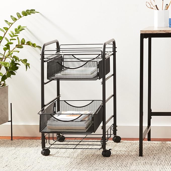 Safco 5215BL Onyx Mesh Open File Cart with 2 Storage Drawers Black