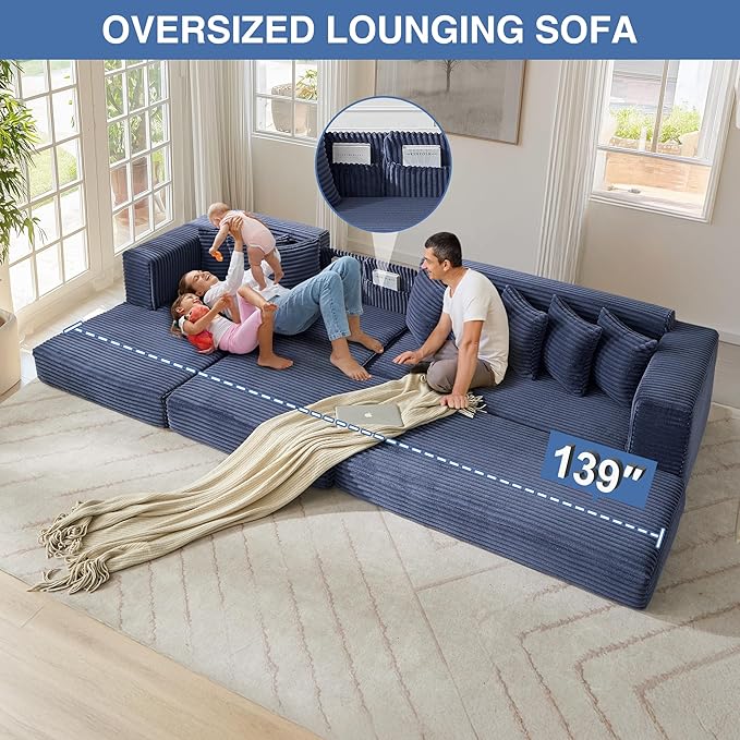110'' Oversize Cloud Sectional Couches for Living Room Convertible Sleeper Sofa Bed Big Comfy Couch with 2 Side Pockets &amp 8 Pillows Corduroy Free-Combined (Blue 110 -Left Facing Chaise)