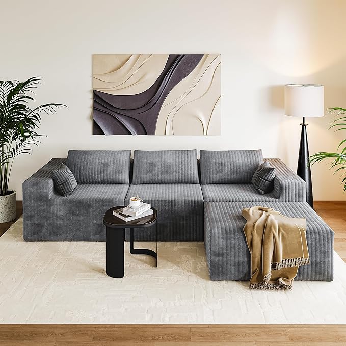 110 Boneless Couches for Living Room Cloud Couch Modular Sectional Sofa with Deep Seat Plush Large Foam Sofa L-Shape Sofa CouchNo Assembly Required Carbon Gray(Plush Corduroy Fabric)