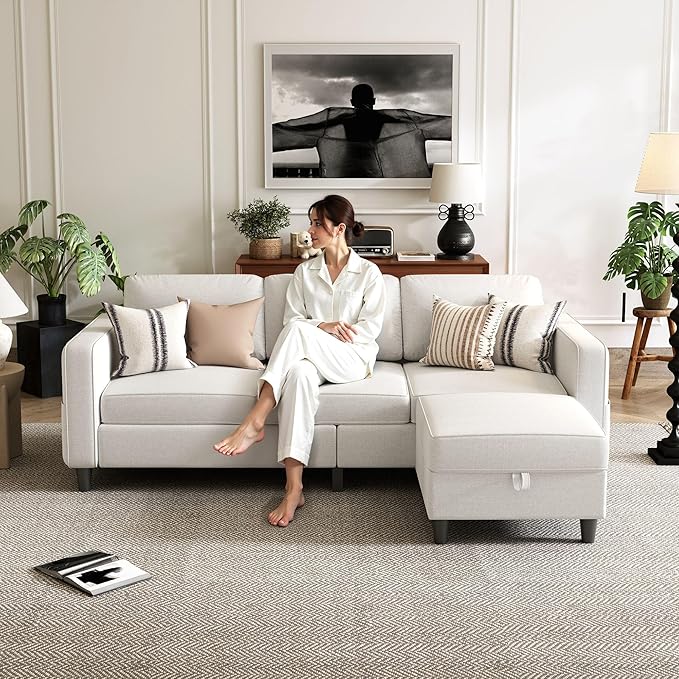 Small Sectional Couch 3-Seat Off White L-Shaped Modern Sofa Couch with Reversible Storage Ottoman &amp Storage Pockets for Living Room Apartment Studio or Small Space