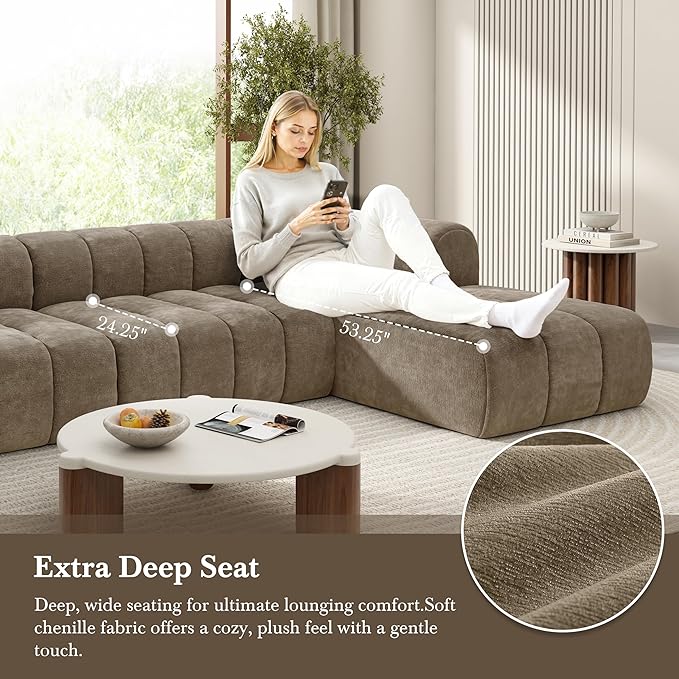 Christopher Knight Home Mania 122 Modular L-Shape Sofa Couch with Chaise Lounge Modern Sectional Sofa Set for Living Room Boucle Fabric Upholstered Cloud Couch with Deep Seat Brown