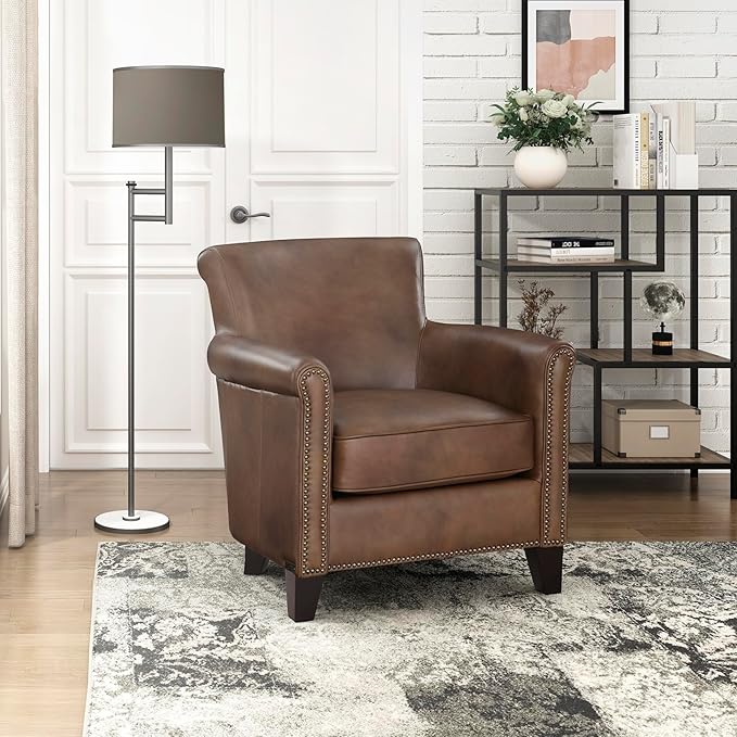 Lexicon 100% Top Grain Genuine Leather Chair Leather Accent Chairs for Living Room Solid Wood Frame Rolled Armrest &amp Nailhead Trim Comfy Reading for Bedroom Office Waiting Room Classic Brow