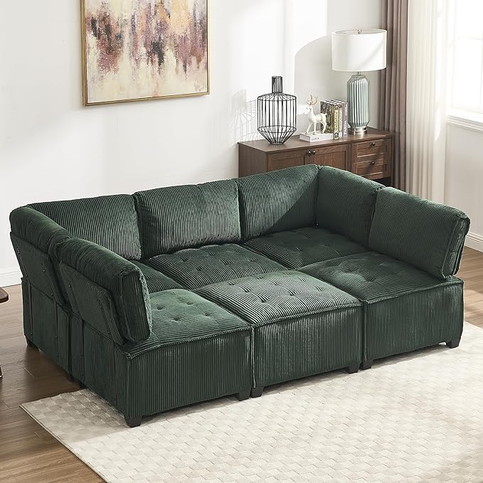 121 U Shaped Modular Sectional Sofa Couch 6 Seat Convertible Upholstered Deep Seat Sleeper Sofa with Chaise Lounge Cloud Couch for Living Room Green