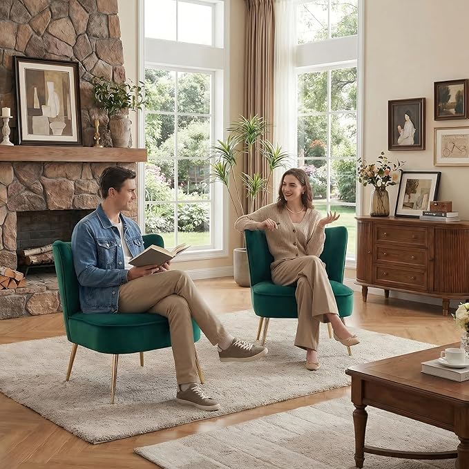 DUOMAY Modern Accent Chair Set of 2 Velvet Slipper Chair with Gold Legs Wingback Side Chair for Living Room Bedroom Entryway Small Corner Chair for Space Saving Green