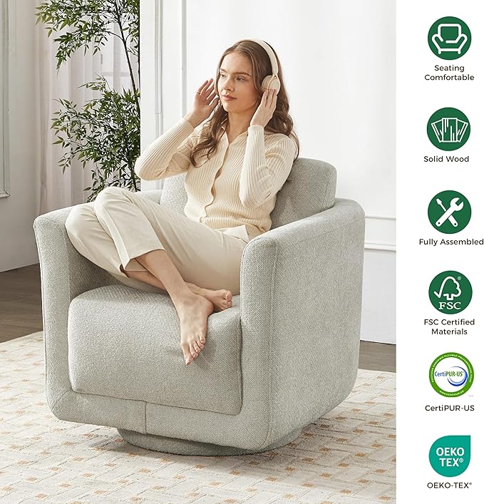 Swivel Accent Chair 360° Upholstered Swivel Chair 350 lbs Capacity Kiln Dried Solid Wood Frame Lumbar CushionFSC Certified Upholstered Chair for Living Room BedroomGray