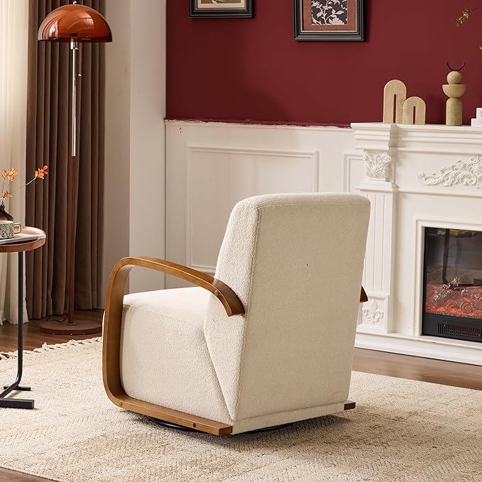 Modern Comfortable Reading Chair360°Swivel Accent Chair with Solid Wood Curved ArmsElegant Knit Linen Single Sofa for Living RoomBedroomOfficeReading NookBeige