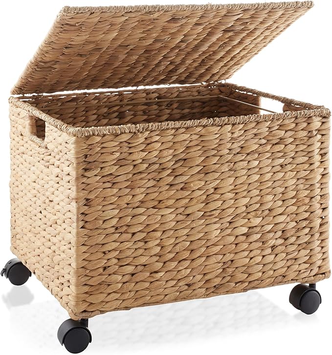 Casafield Rolling Filing Cabinet Natural - Water Hyacinth File Organizer with Lid and Locking Wheels Home Office Storage for Hanging Folders