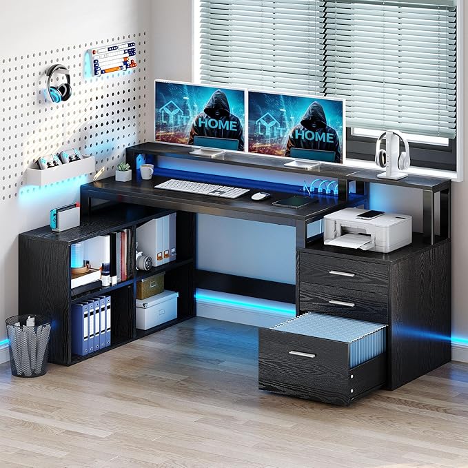 YITAHOME L Shaped Desk with 3 Drawers 65 Corner Computer Desk with Power Outlets &amp LED Lights L-Shaped Desk with File Cabinet &amp Printer Stand for Home Office Black