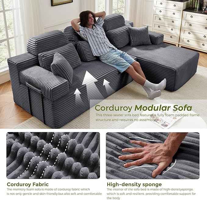 104 L-Shaped Cloud Modular Sectional Sofa with Chaise &amp Headrest Boneless Deep Seat Plush Corduroy Couches for Large Living Room No Assembly Required (Dark Gray 104 L-shapred Chaise)
