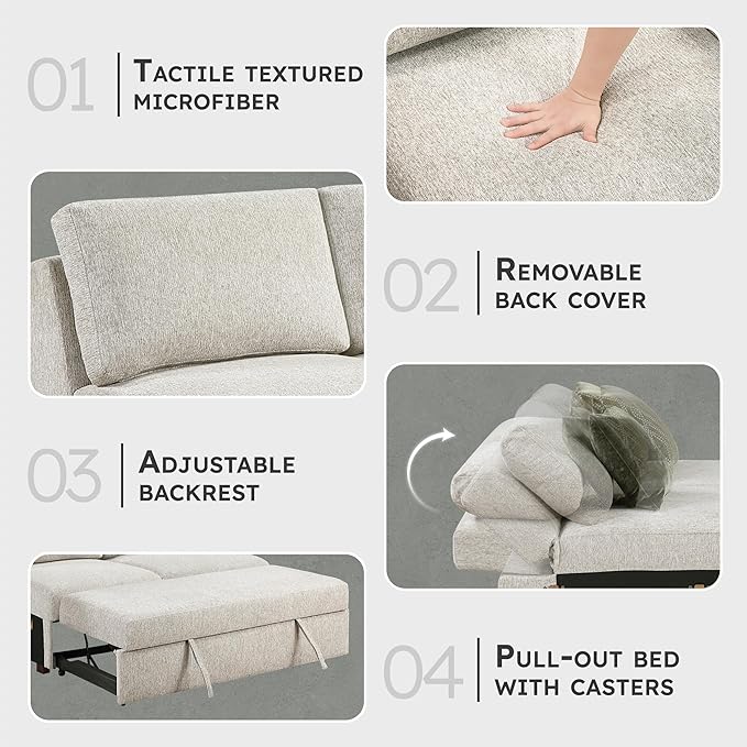 Lexicon Modular Sectional Sofa Module for Sectional Couch Armless Convertible 2 Seater with Pull-Out Bed Adjustable Backrests Removable Back Cushion Cover 2 Pillows Microfiber Sand