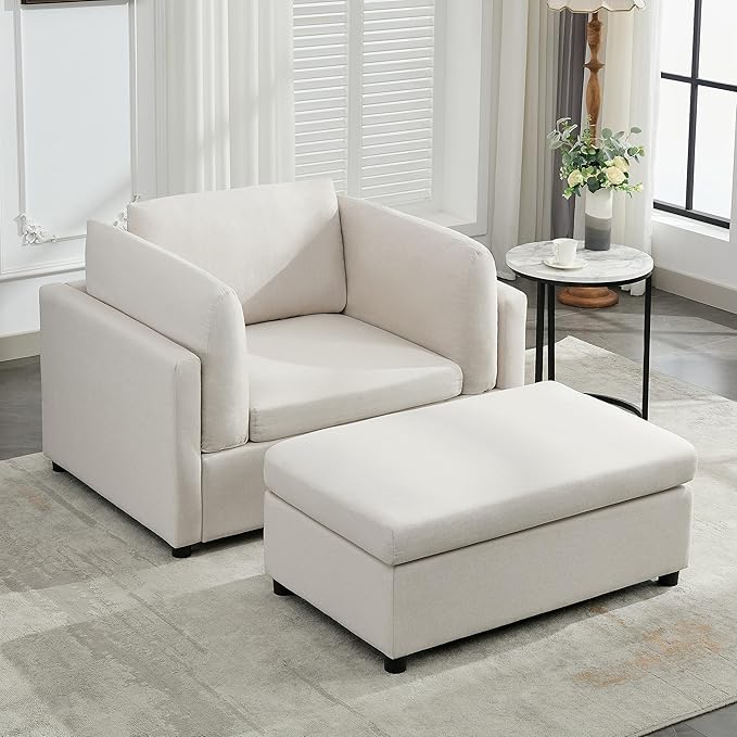 Modern Chenille Oversized Armchair with Ottoman 50.4 Wide Accent Chair Luxurious Linen Fabric Single Sofa Chair with Pillows and Wide Armrests Living Room Apartment Offices (Cream-50.4'')
