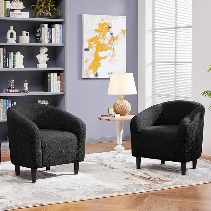 Topeakmart Barrel Chair Soft Sherpa Accent Chair Side Chair Club Chair Modern Style Deep Seating Barrel Armchair for Living Room Furniture Reading Room Bedroom Set of 2 Black